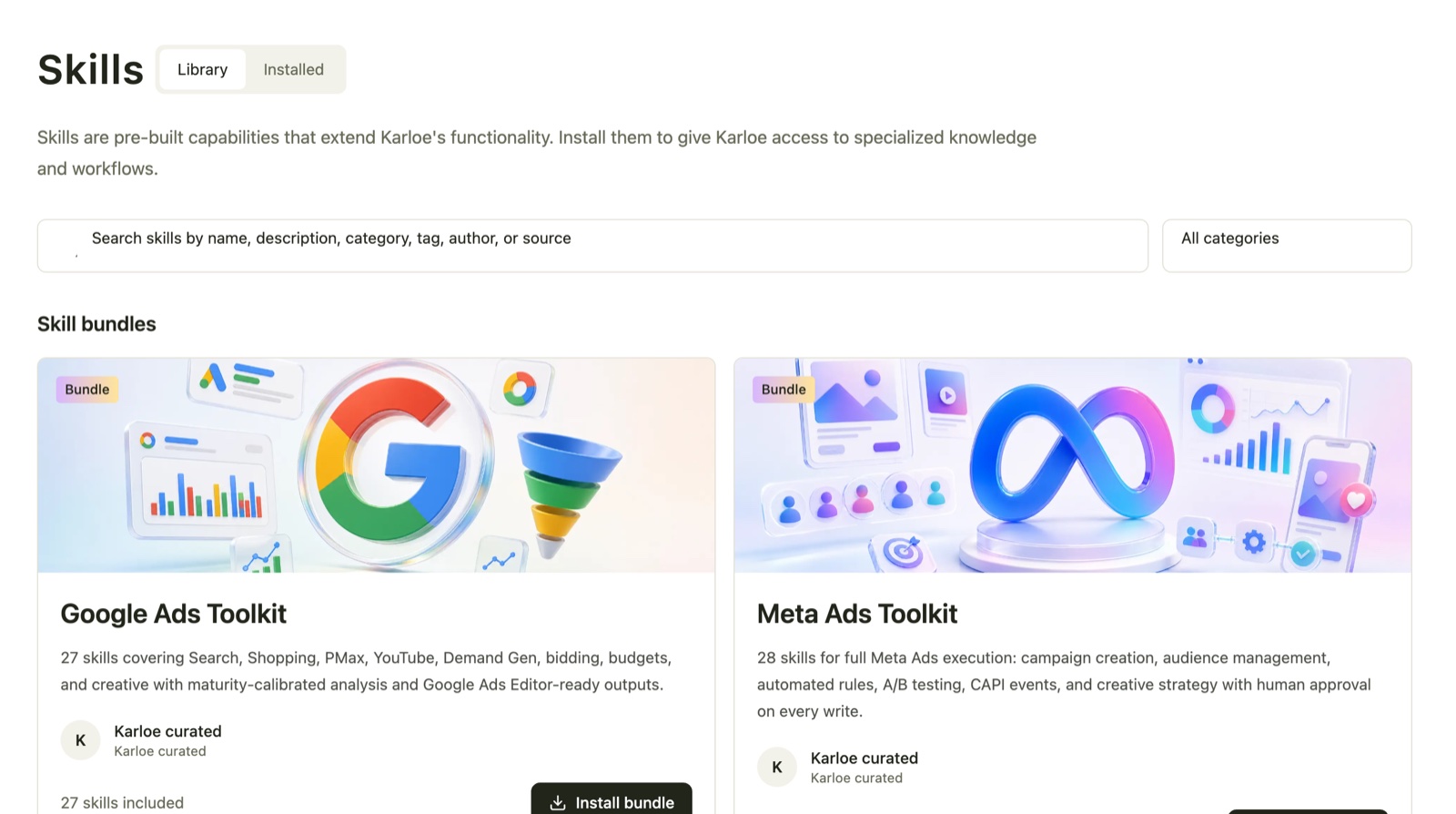The Karloe skills library showing the Google Ads Toolkit (27 skills) and Meta Ads Toolkit (28 skills)